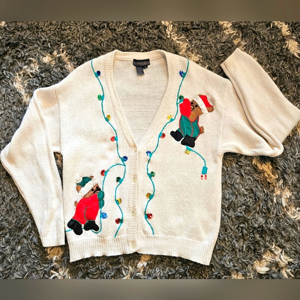 Herman Geist~Christmas Lights ~Medium~Cardigan‎ Sweater~Vintage